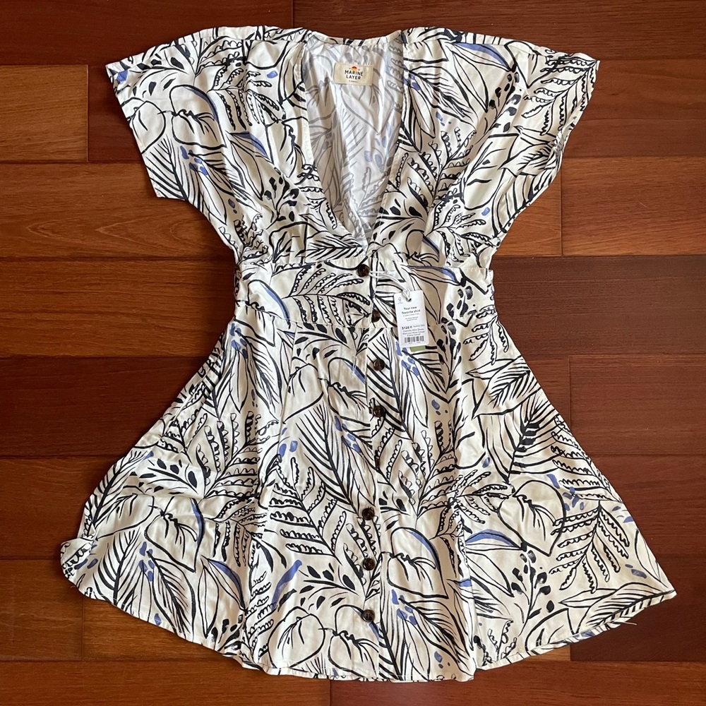 Marine Layer Black and White Leaf Print Mini Dress